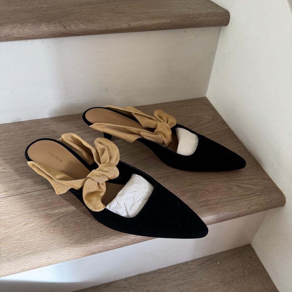 The Row Black Suede Pointed Mules with Tan Bow Accent